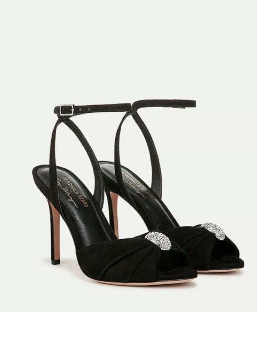 Veronica Beard Black Suede Peep-Toe Ankle-Strap Heels with Crystal Accent